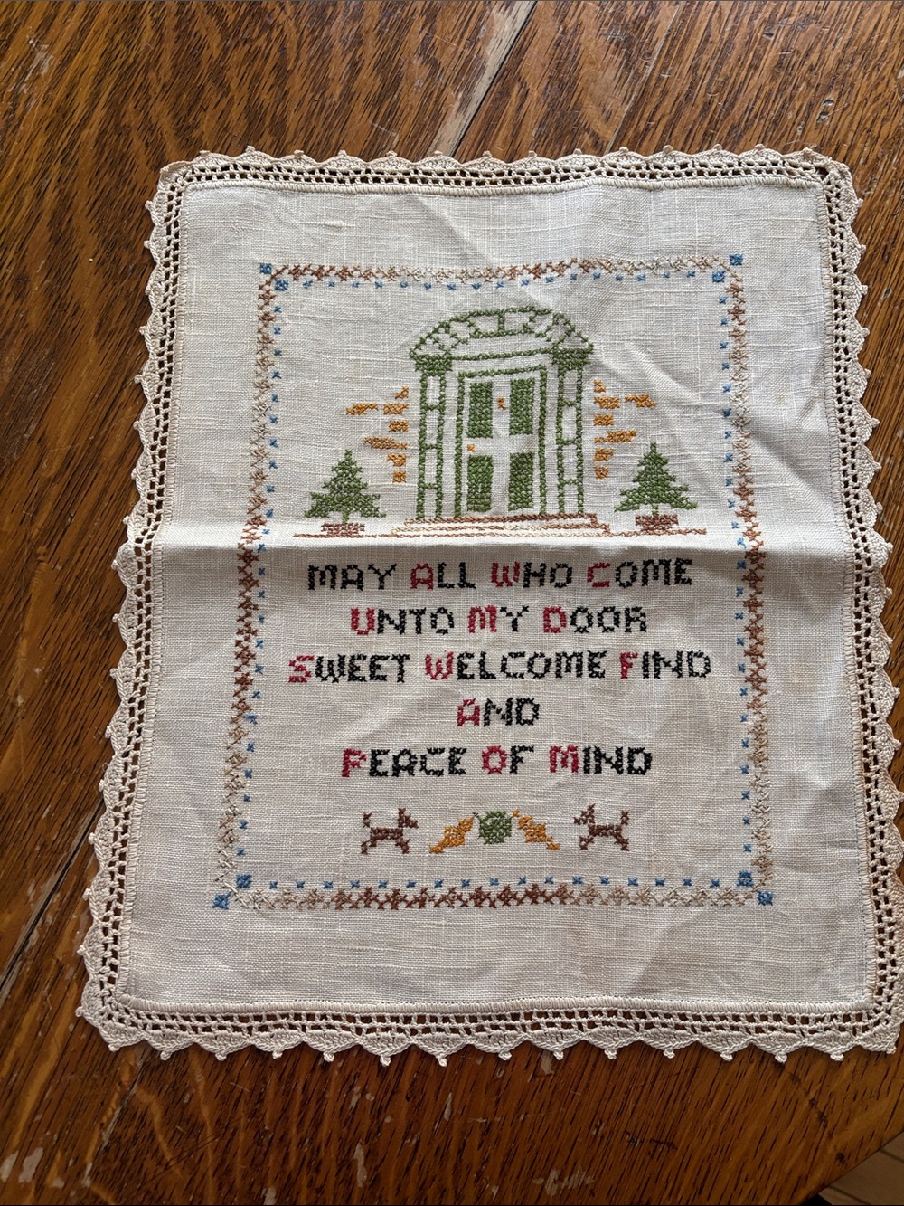 Vintage Hand-Embroidered Welcome Linen with Crochet Trim